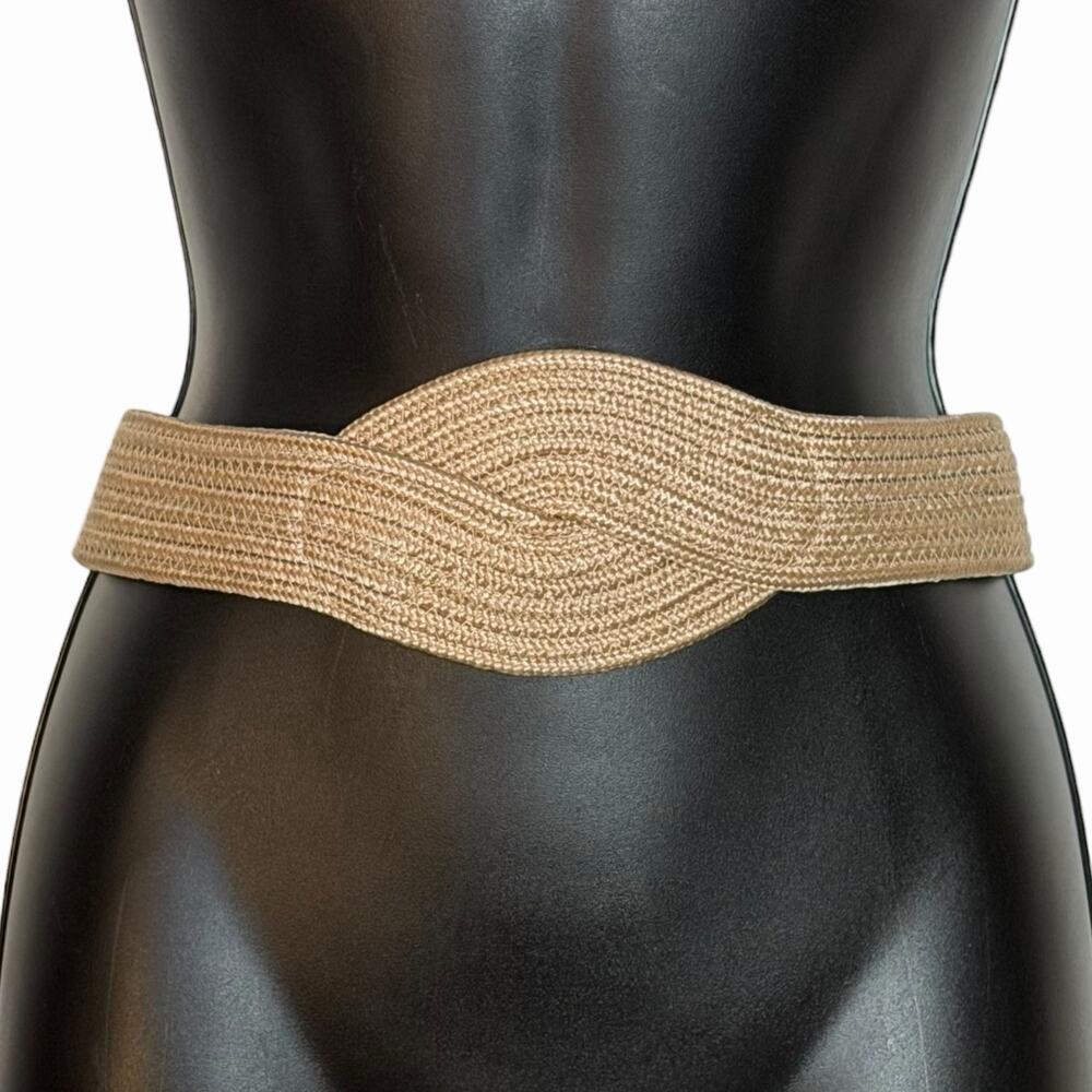 VINTAGE WOMENS 80s 90s WIDE WOVEN STRETCH WAIST BELT BOHO BRAIDED KNOT BEIGE S M